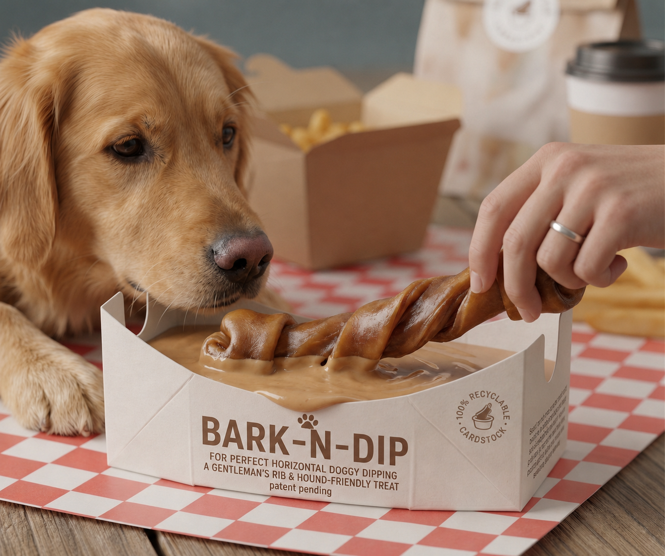 Bark-n-Dip — a cute paw-sized cup and a rib-shaped bone treat, with a very good boy waiting to dip