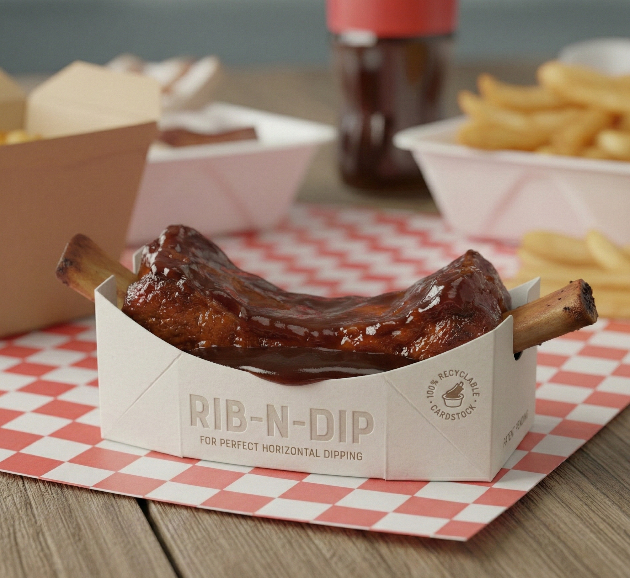 Rib-n-Dip elongated sauce cup perfect fit for full-size BBQ ribs with complete sauce coverage